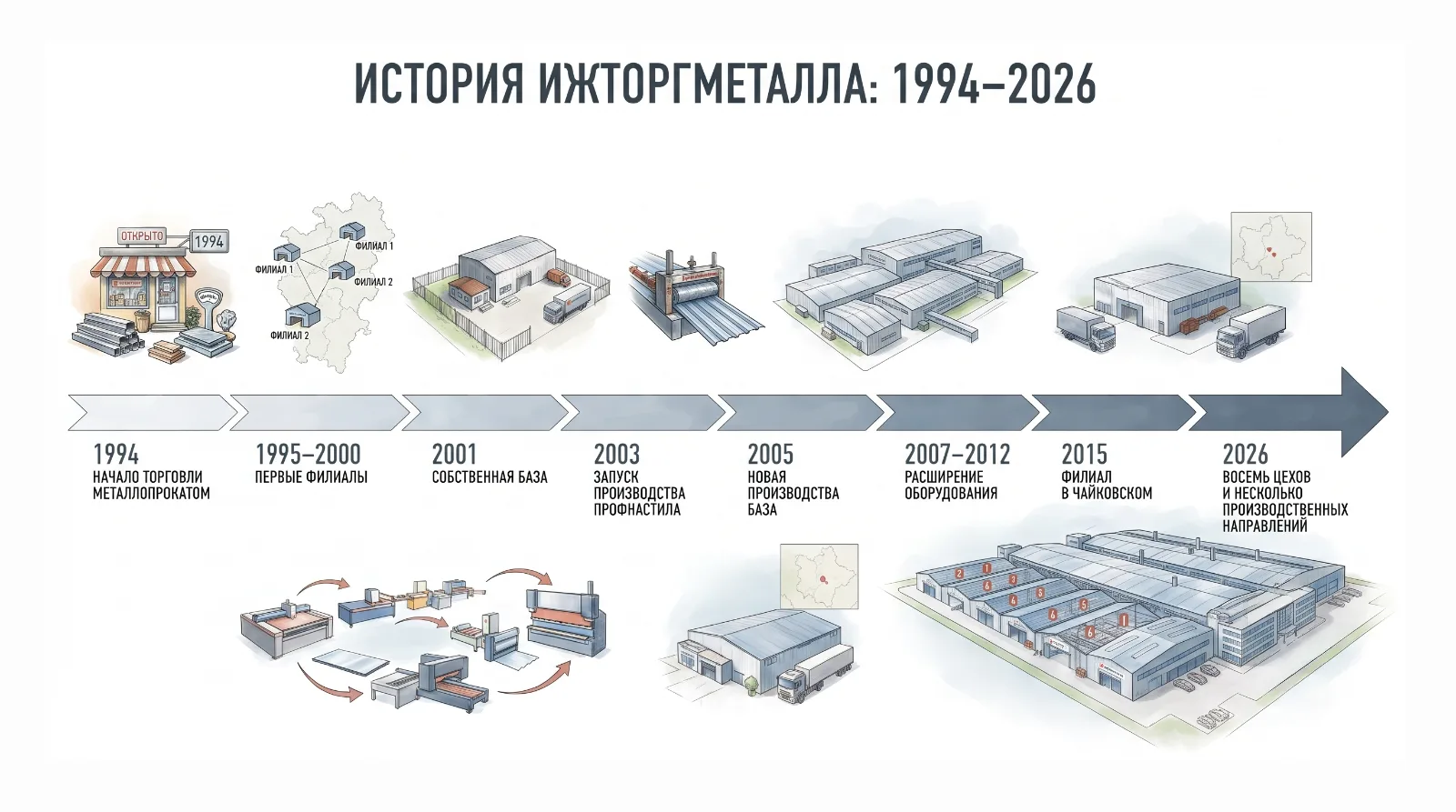 Хронология развития Ижторгметалла с 1994 по 2026 год: от торговли металлопрокатом до нескольких производственных направлений