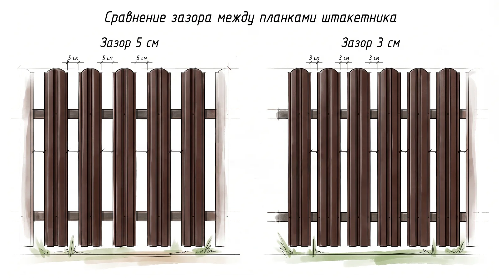 Сравнение зазора между планками металлического штакетника для забора