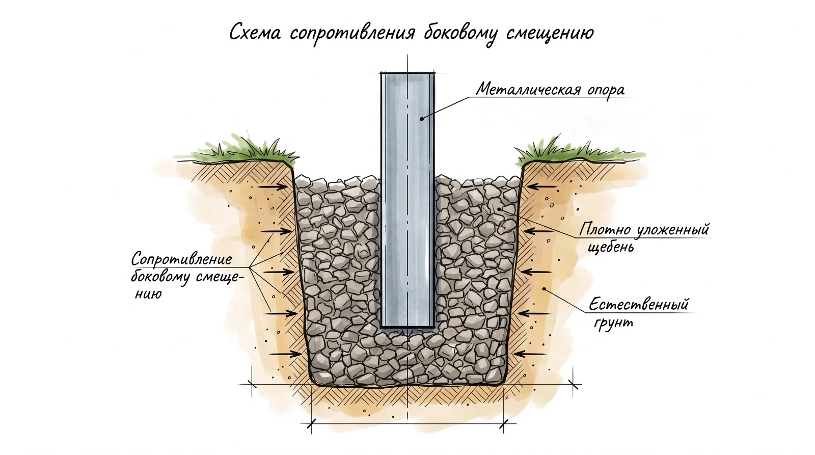Схема бутования металлического столба для забора в разрезе грунта