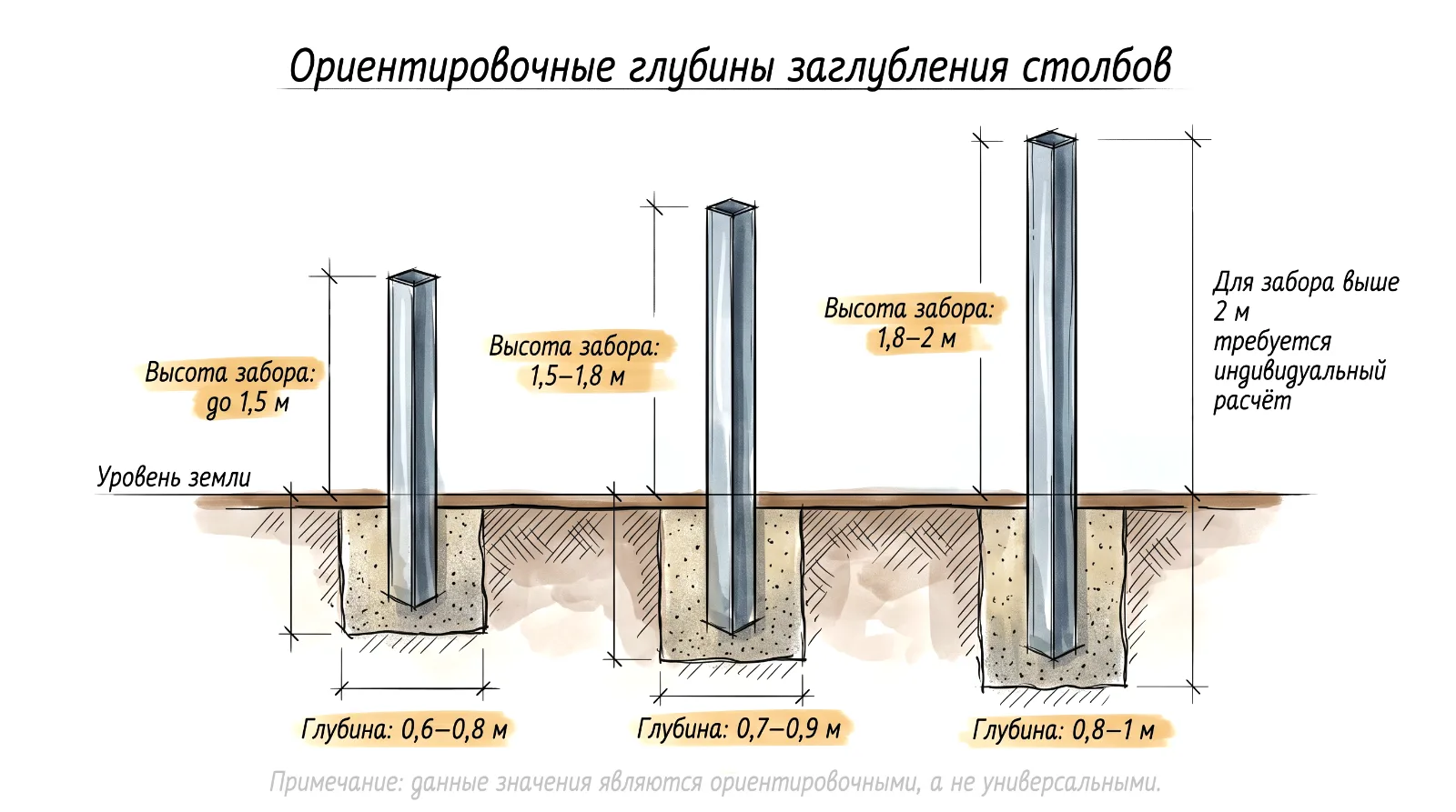 Инфографика с ориентировочной глубиной установки столбов для забора разной высоты