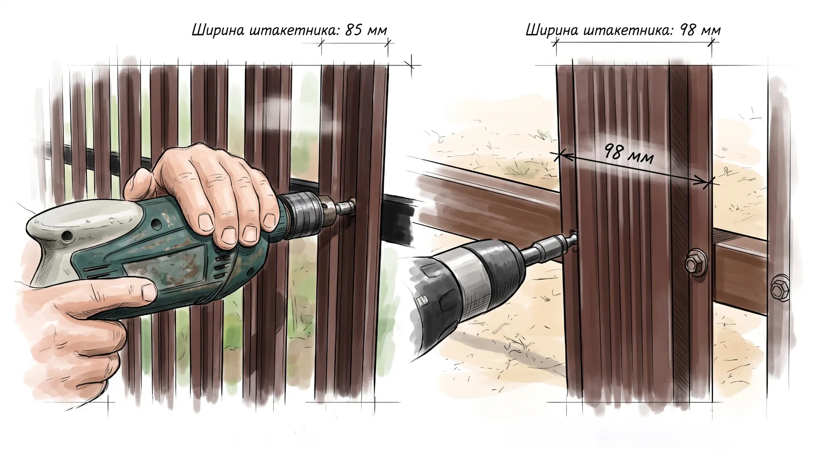 Крепление металлического евроштакетника к горизонтальной лаге саморезом