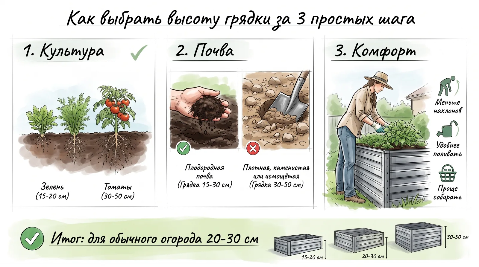 Инфографика о выборе высоты грядки в три шага: глубина корней, качество почвы под коробом и удобство ухода за посадками