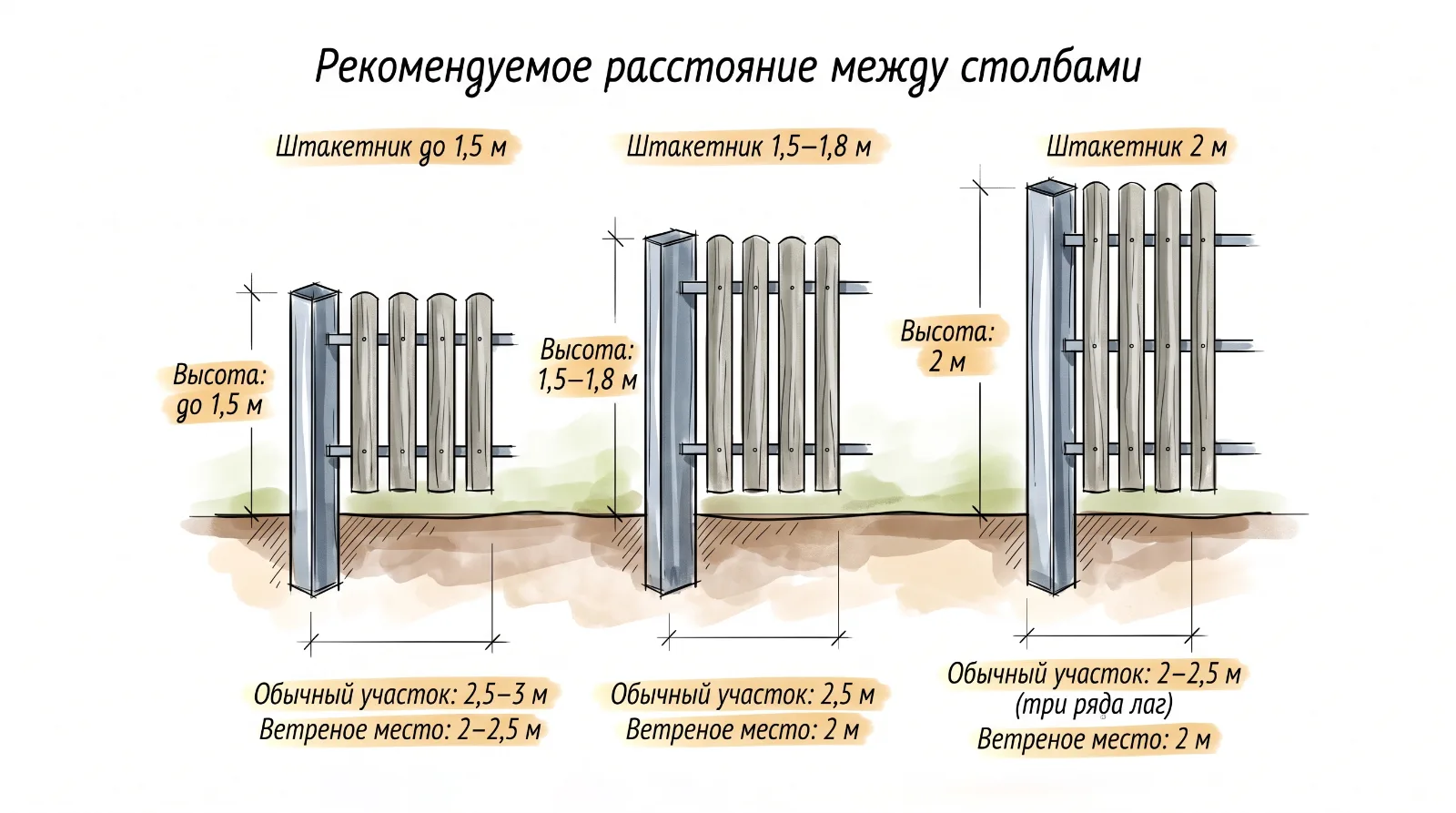 Схема выбора расстояния между столбами металлического штакетника в зависимости от высоты забора 1,5 м, 1,8 м и 2 м