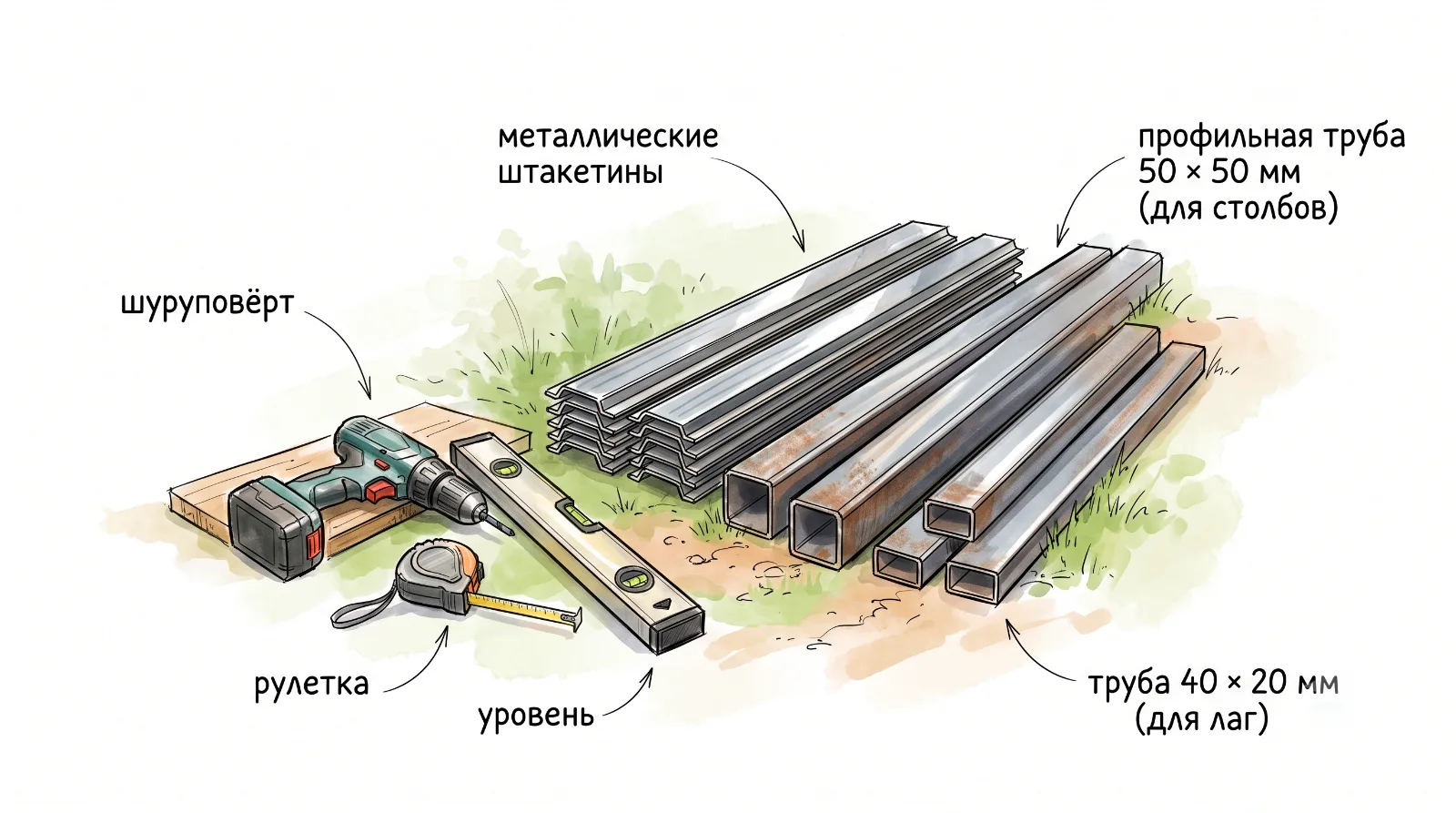 Материалы и инструменты для установки металлического евроштакетника