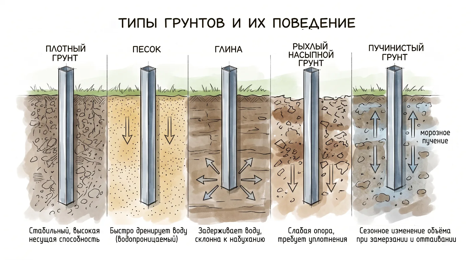 Инфографика типов грунта при установке столбов для забора: плотная почва, песок, глина, рыхлый насыпной и пучинистый грунт